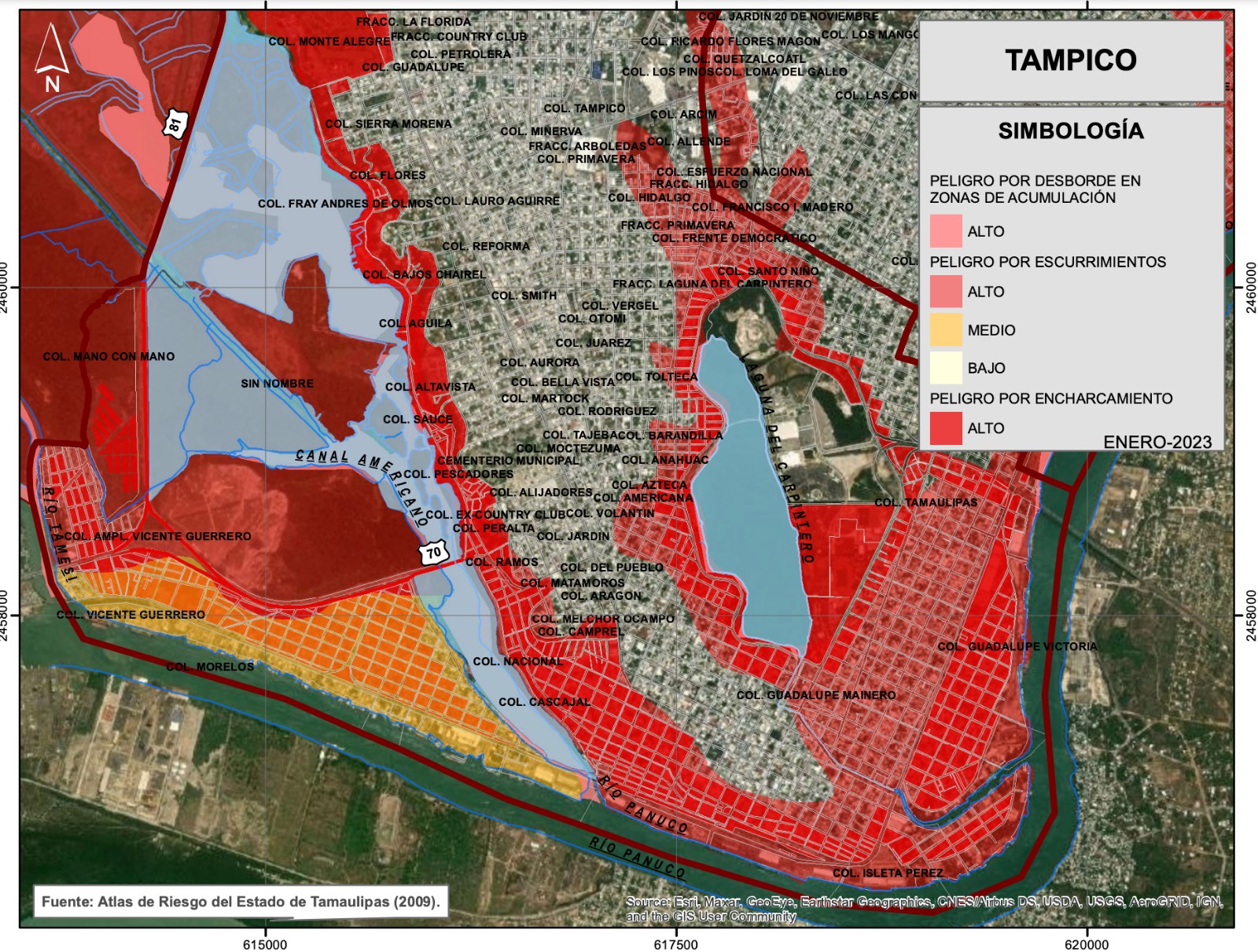 Mapa de PC de zonas con riesgo de inundación en Tampico