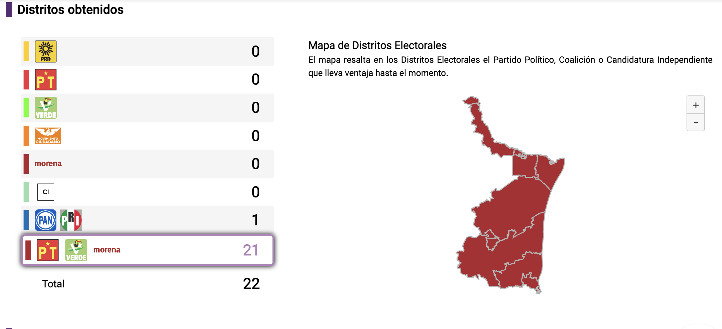 Mapa de Tamaulipas en el PREP con corte al 3 de junio. Captura de pantalla