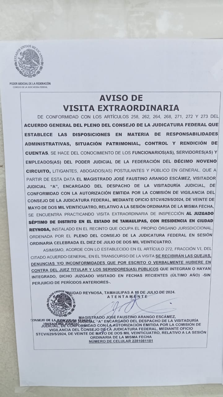 Notificación de visita extraordinaria. Foto Especial