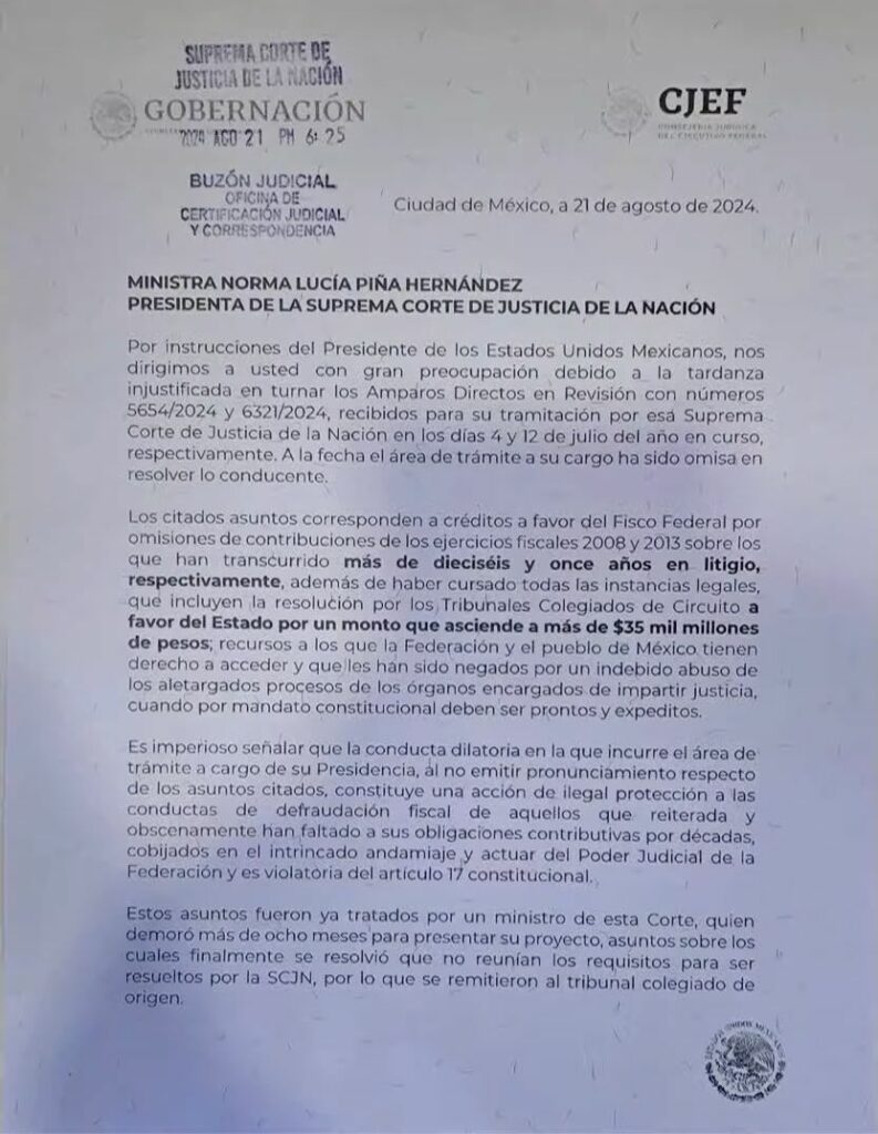 Esta es la carta que Gobernación envió a Norma Piña para resolver casos de adeudo por 35 mil mdp de Grupo Salinas