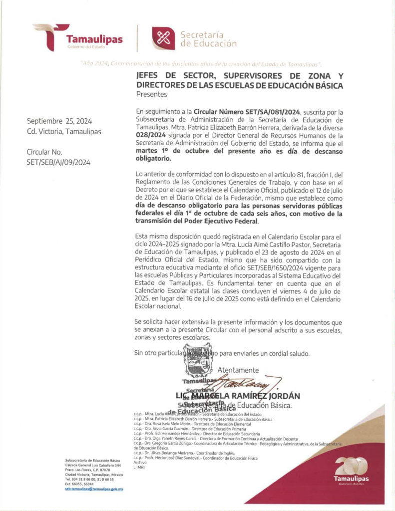 Comunicado de la Secretaría de Educación en Tamaulipas