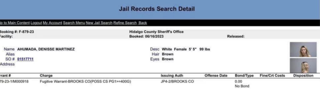 Ficha de detención de Denisse Ahumada en Texas. Foto de Infobae