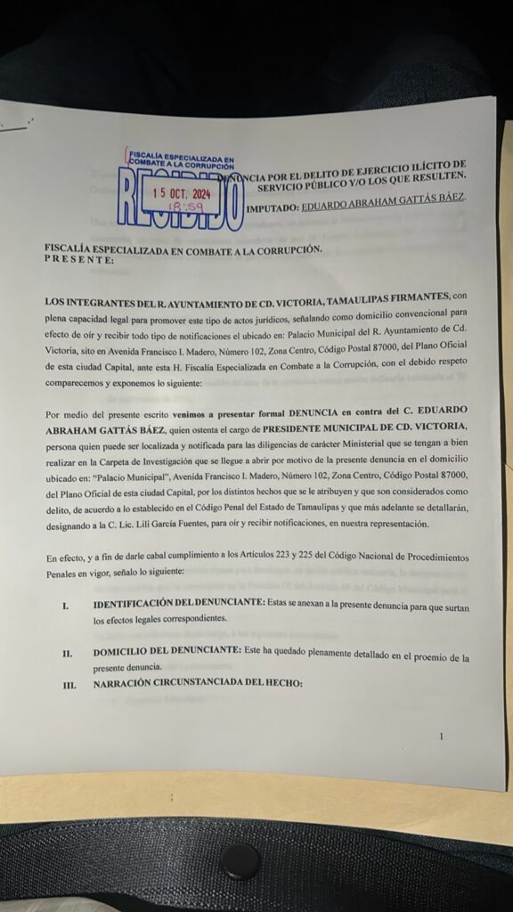 Denuncia presentada por integrantes del Cabildo de Ciudad Victoria