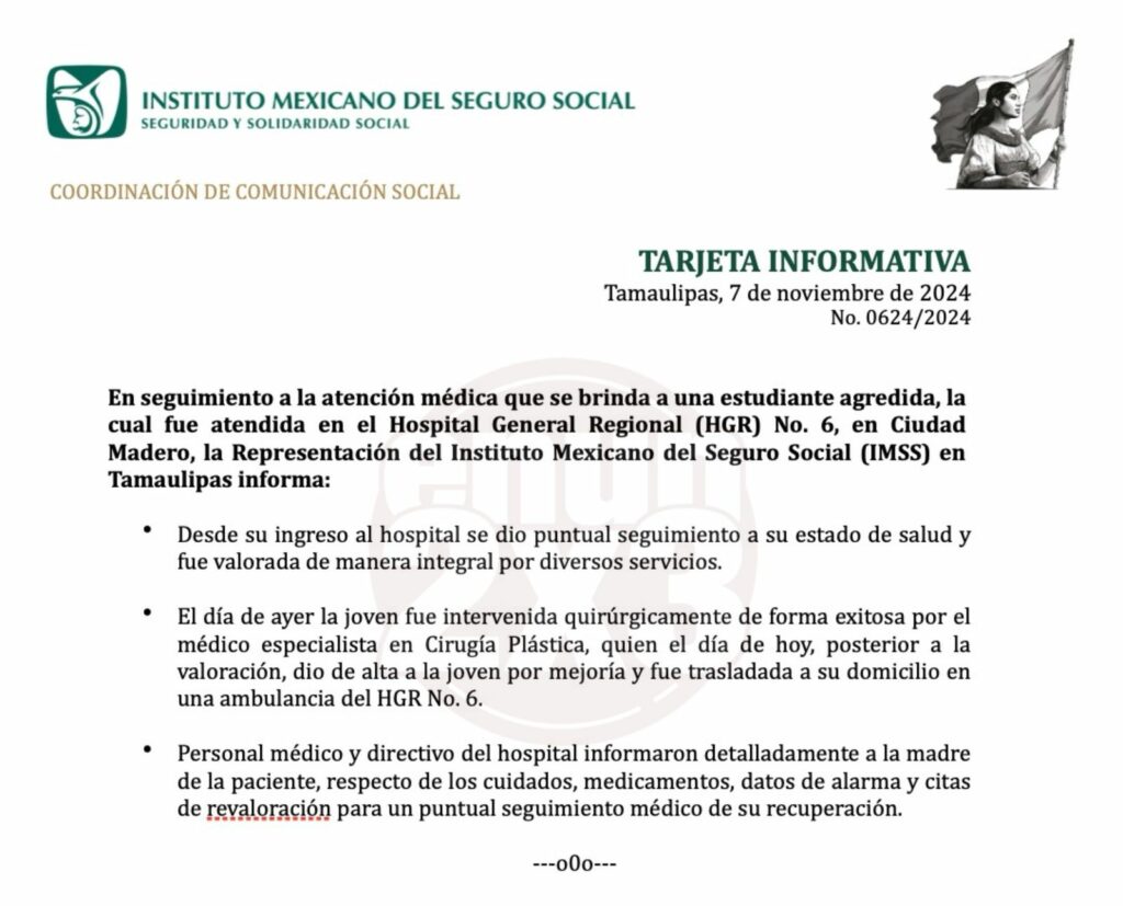 Tarjeta informativa sobre el estado de salud de Melanie