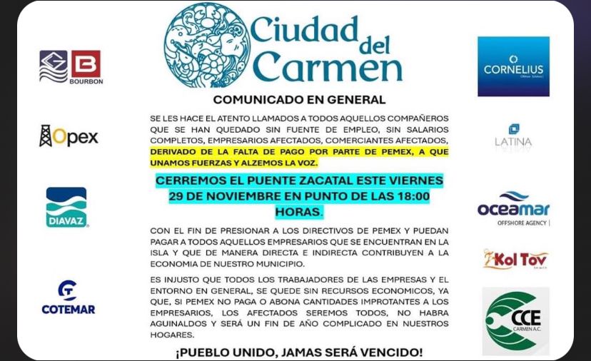 La convocatoria de los trabajadores afectados ante la falta de pago a proveedoras de Pemex