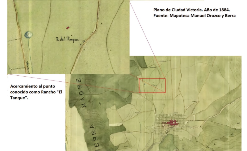 Plano de Ciudad Victoria de 1884 con acercamiento en el rancho El Tanque. Fuente: Mapoteca Orozco y Berra Cdmx.