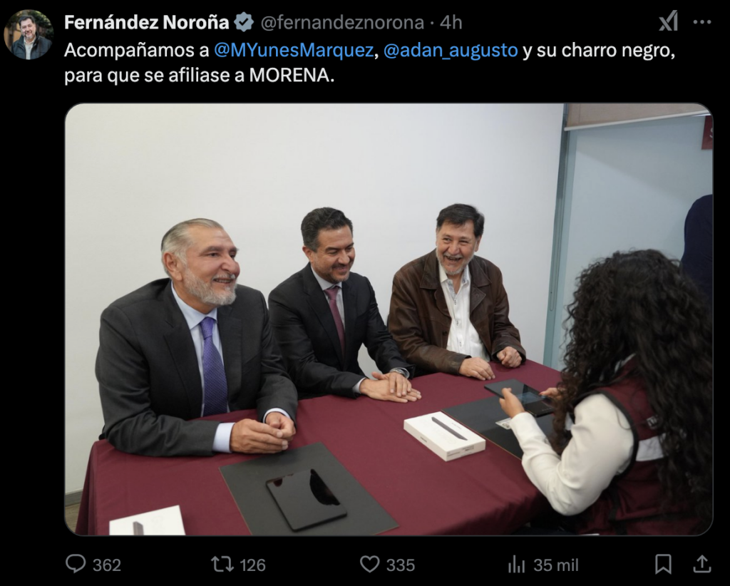 Gerardo Fernández Noroña compartió la afiliación de Yunes Márquez a Morena.