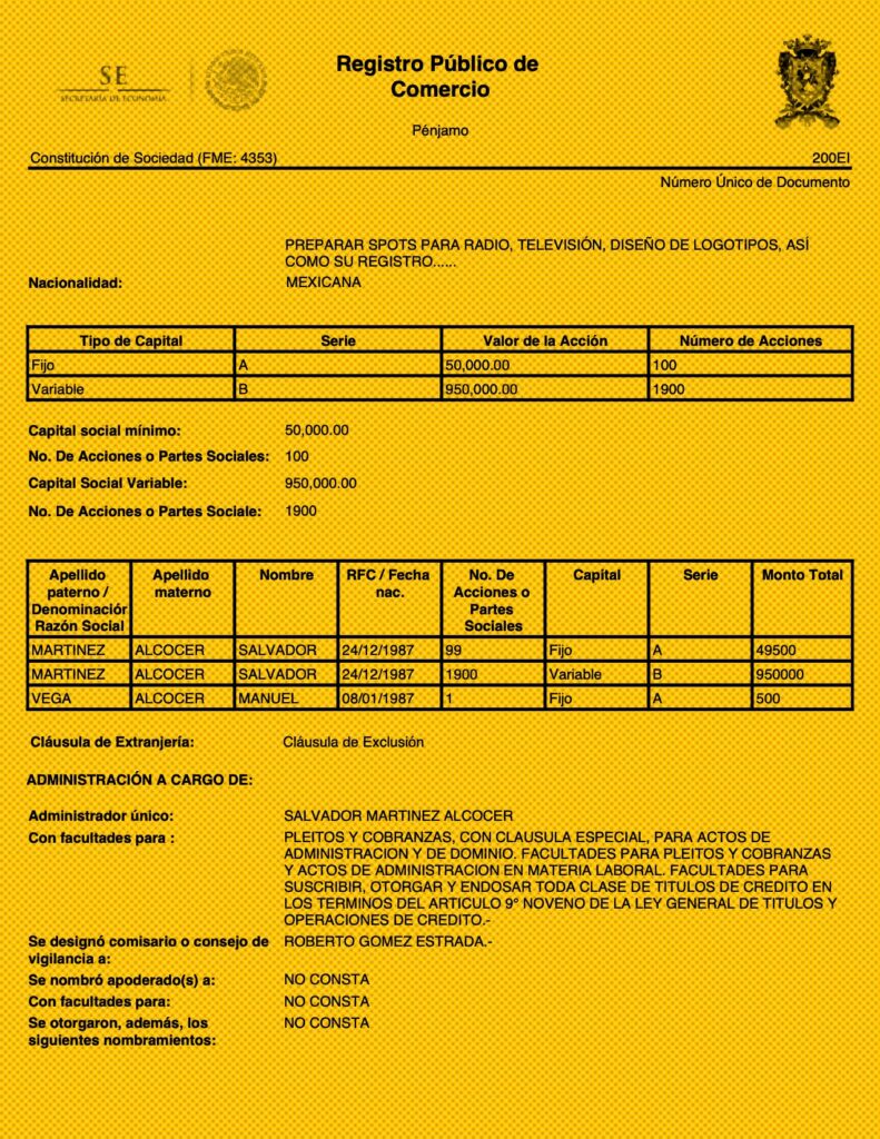 No pasó ni medio año entre la constitución de la empresa Cronos Industrial y su primer contrato público que recibió, además, por adjudicación directa. Imagen: Registro Público de Comercio