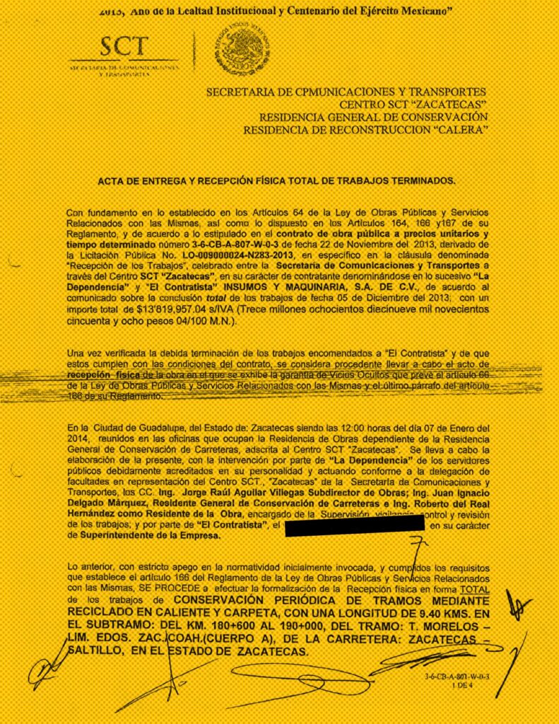 En los casos donde las dependencias cuentan con testigos de que las EFOS realizaron las obras, estos suelen ser pruebas documentales. Por lo general se tratan de actas de entrega-recepción y, en menor medida, de bitácoras con fotos. Imágenes: SICT, respuesta de Transparencia