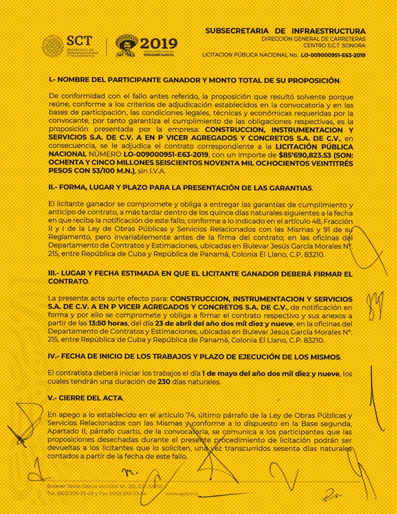 Un mes antes de ser clasificada como EFOS definitiva, la empresa obtuvo el contrato para realizar la ampliación de la carretera Janos-Agua Prieta. En ese entonces, el SAT ya la tenía bajo la mira como presunta empresa fantasma. Imagen: SICT, respuesta de Transparencia