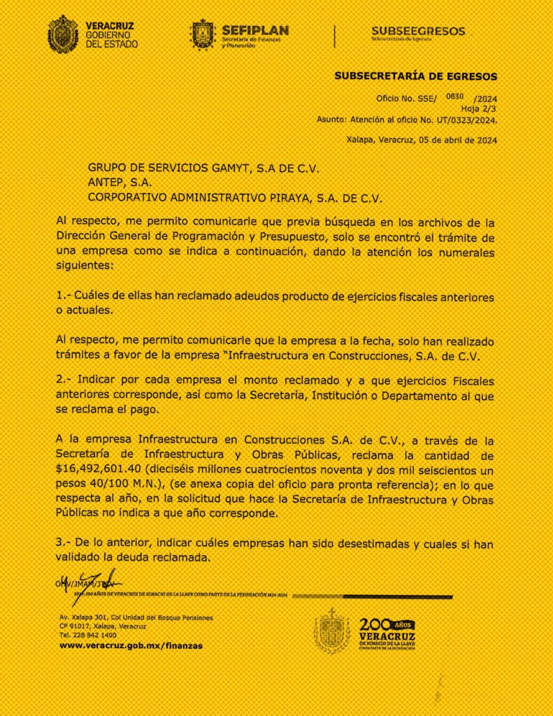 De entre un grupo de EFOS inmovilizadas por el SAT, solo Infraestructura en Construcción ha reclamado adeudos al Gobierno de Veracruz. La administración estatal no ha confirmado que el pago se haya realizado. Imágenes: SIOP y SEFIPLAN, respuestas de Transparencia