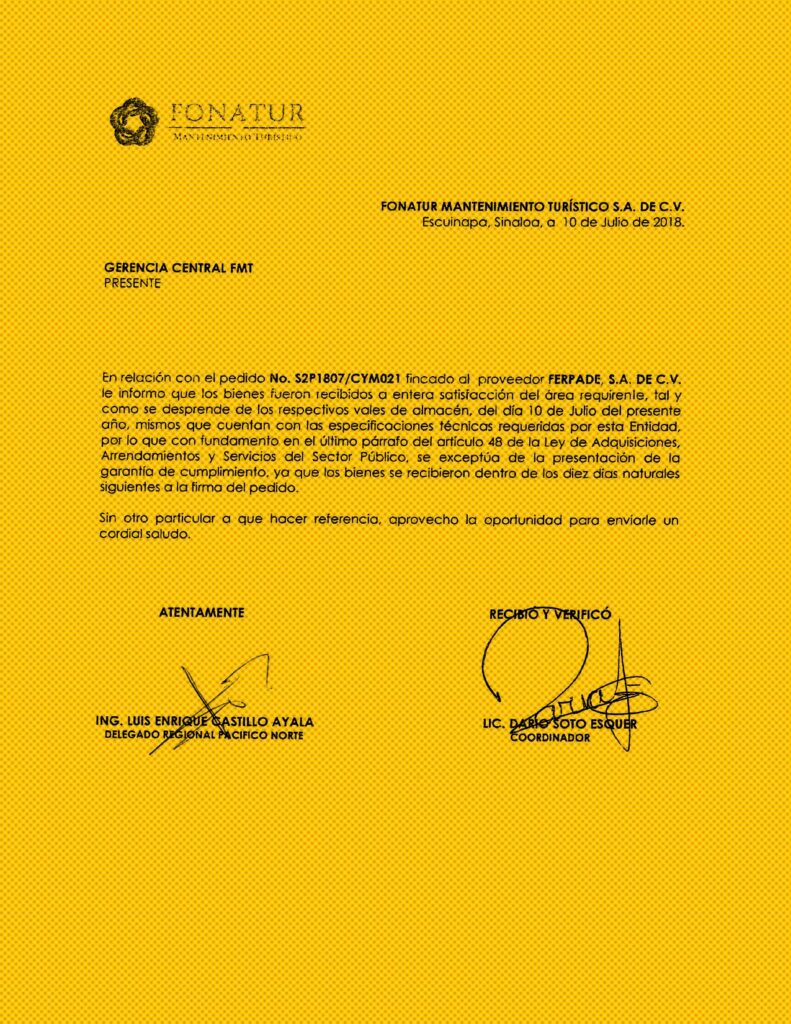 Las obras o adquisiciones de bienes y servicios con EFOS comúnmente estuvieron amparadas por comprobantes documentales en los que los funcionarios avalaron su cumplimiento . Imagen: Fonatur, respuesta de Transparencia