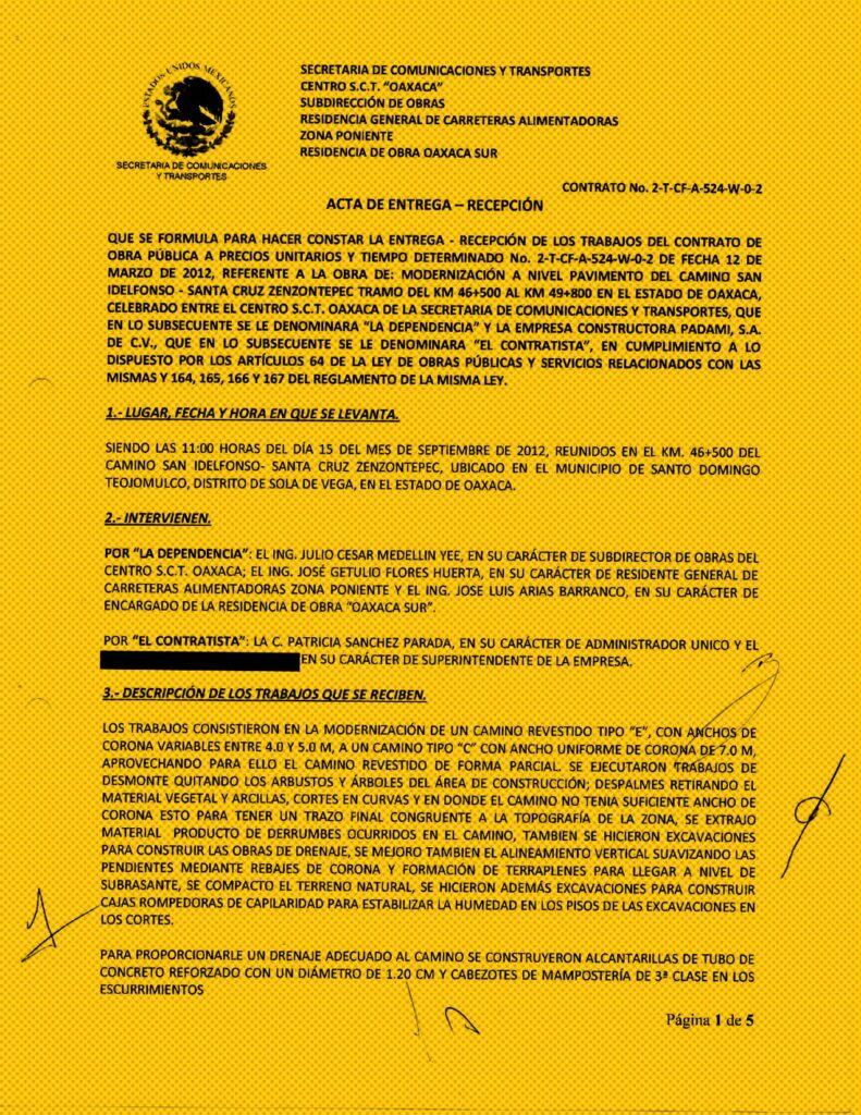 En los casos donde las dependencias cuentan con testigos de que las EFOS realizaron las obras, estos suelen ser pruebas documentales. Por lo general se tratan de actas de entrega-recepción y, en menor medida, de bitácoras con fotos. Imágenes: SICT, respuesta de Transparencia