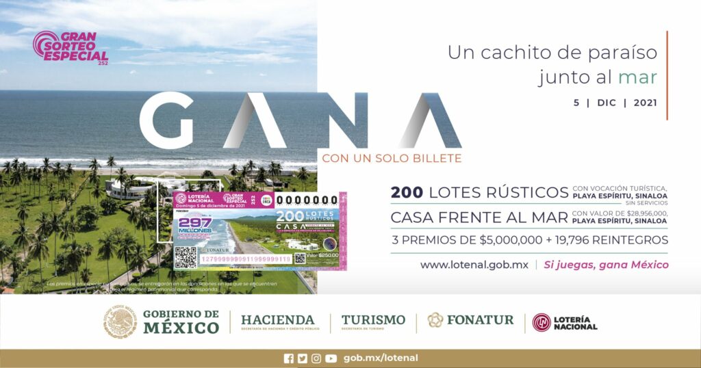 En el periodo de Peña Nieto se encargó parte del mantenimiento de la casa de Playa Espíritu a un conjunto de empresas fantasma. El inmueble sería rifado en el sexenio de AMLO. Imágenes: Lotería Nacimiento, Fonatur Infraestructura