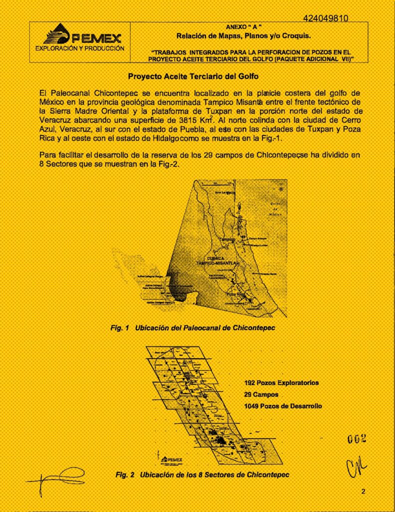 El proyecto Aceite Terciario del Golfo se desarrolló en el Paleocanal de Chicontepec, en el norte de Veracruz. La administración de Felipe Calderón planeaba explotar esta región para revertir la caída en la producción petrolera. Imagen: Pemex, respuesta de Transparencia