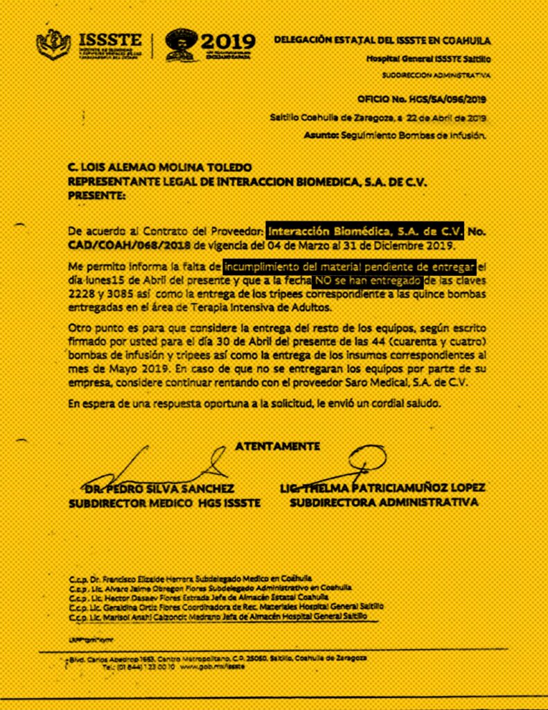 La delegación del ISSSTE en Coahuila dirigió oficios a Interacción Biomédica por el incumplimiento del contrato. Imagen: ISSSTE, respuesta de Transparencia