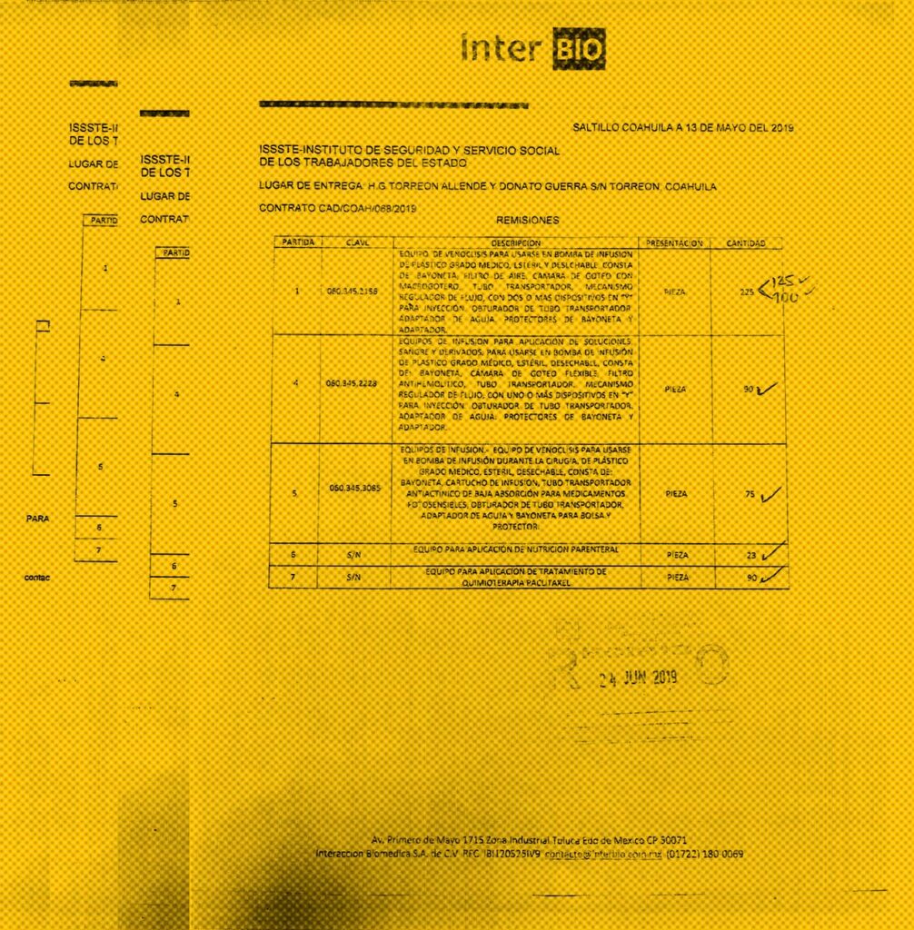Documentos con sello de “recibido” son las pruebas de la entrega de equipos en un único hospital de varios que esperaban insumos en Coahuila. Imagen: ISSSTE, respuesta de Transparencia