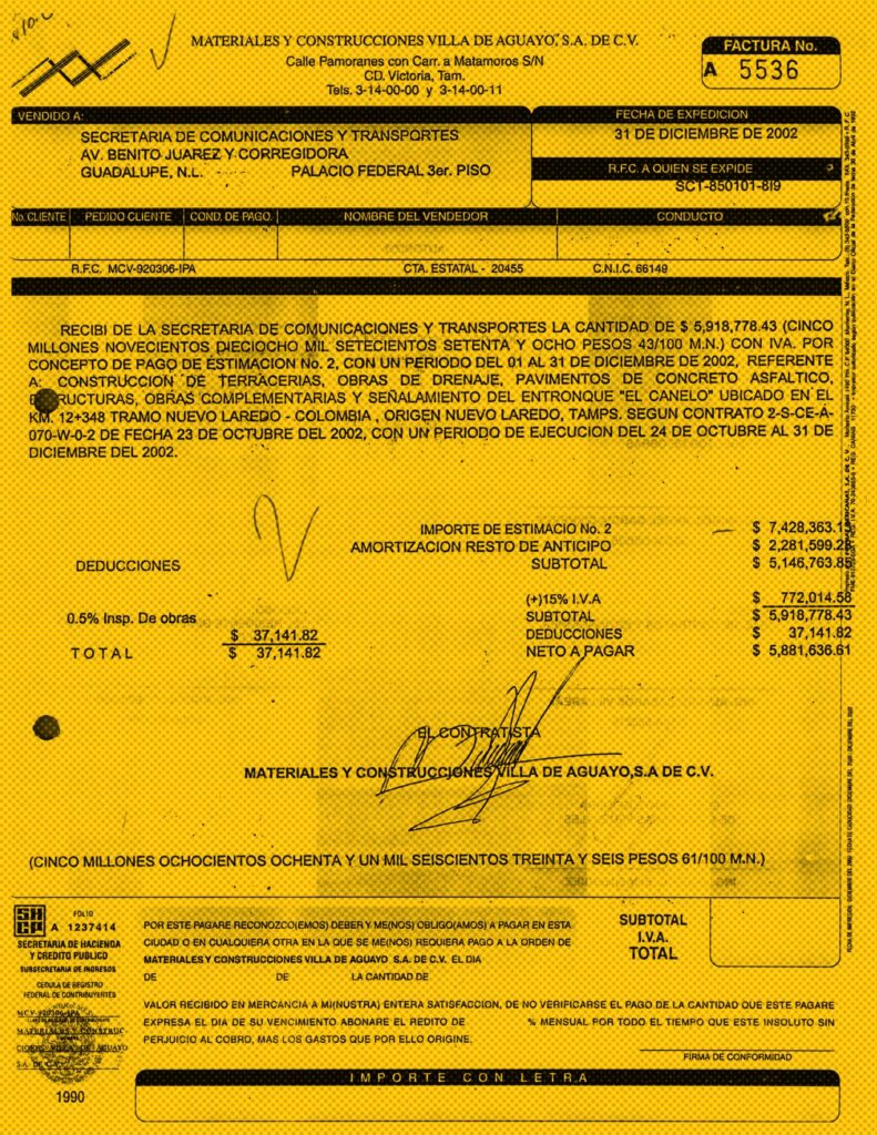 Para la mayoría de los contratos de Materiales y Construcciones Villa de Aguayo hubo facturas, pero no probatorios de que las obras siquiera se realizaran. Imagen: SICT, respuesta de Transparencia