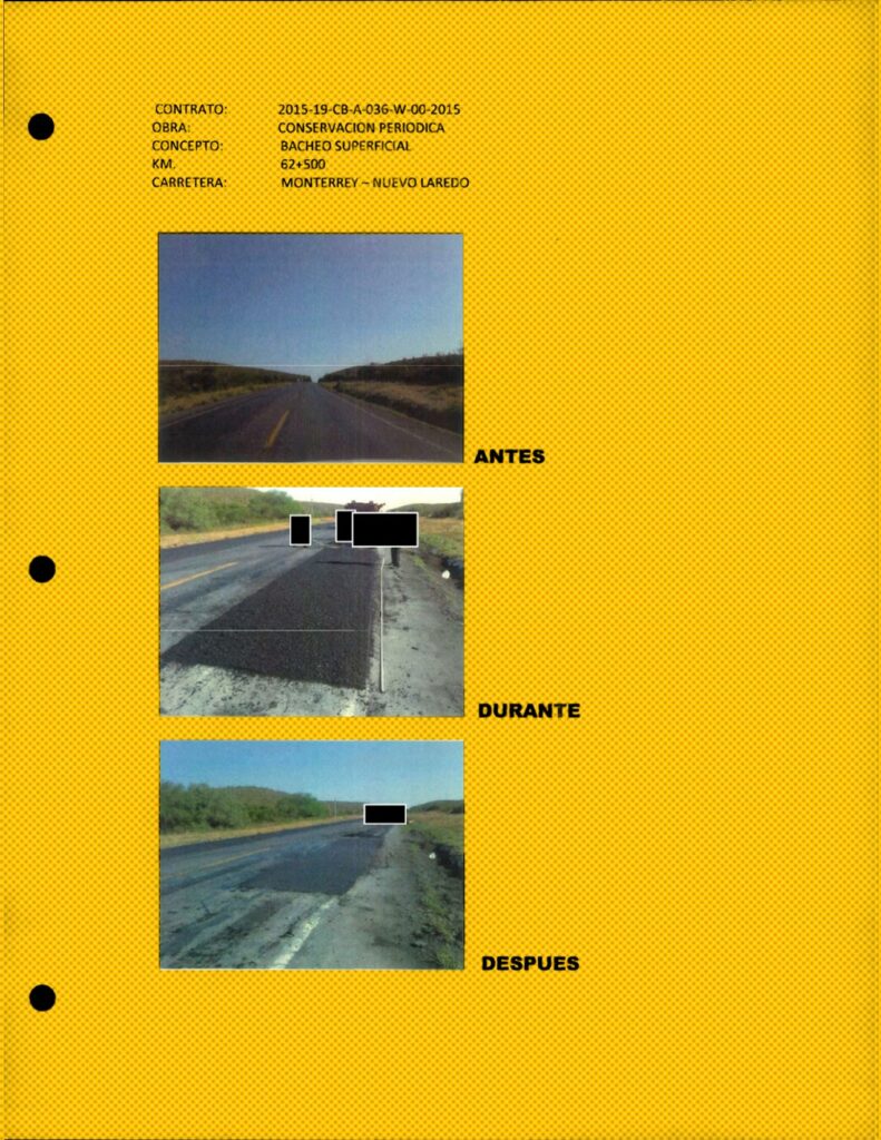 En los casos donde las dependencias cuentan con testigos de que las EFOS realizaron las obras, estos suelen ser pruebas documentales. Por lo general se tratan de actas de entrega-recepción y, en menor medida, de bitácoras con fotos. Imágenes: SICT, respuesta de Transparencia