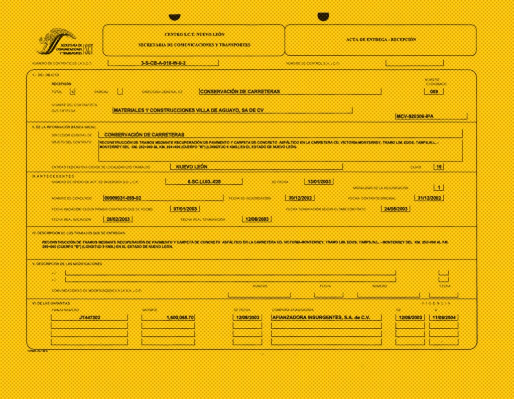 Las pocas pruebas que amparan la realización de obras de parte de la empresa Materiales y Construcciones Villa de Aguayo son actas de entrega-recepción como ésta. Imagen: SICT, respuesta de Transparencia.