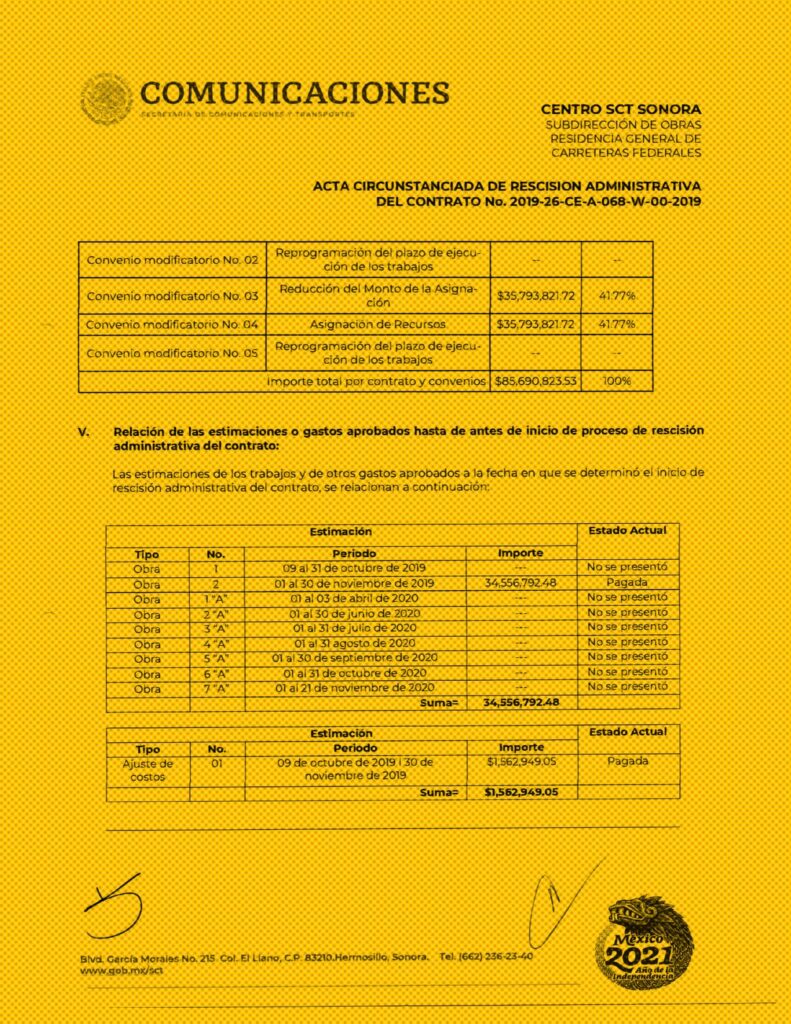 Tras comprobar el abandono de la obra, finalmente la dependencia rescindió el contrato. Imagen: SICT, respuesta de Transparencia