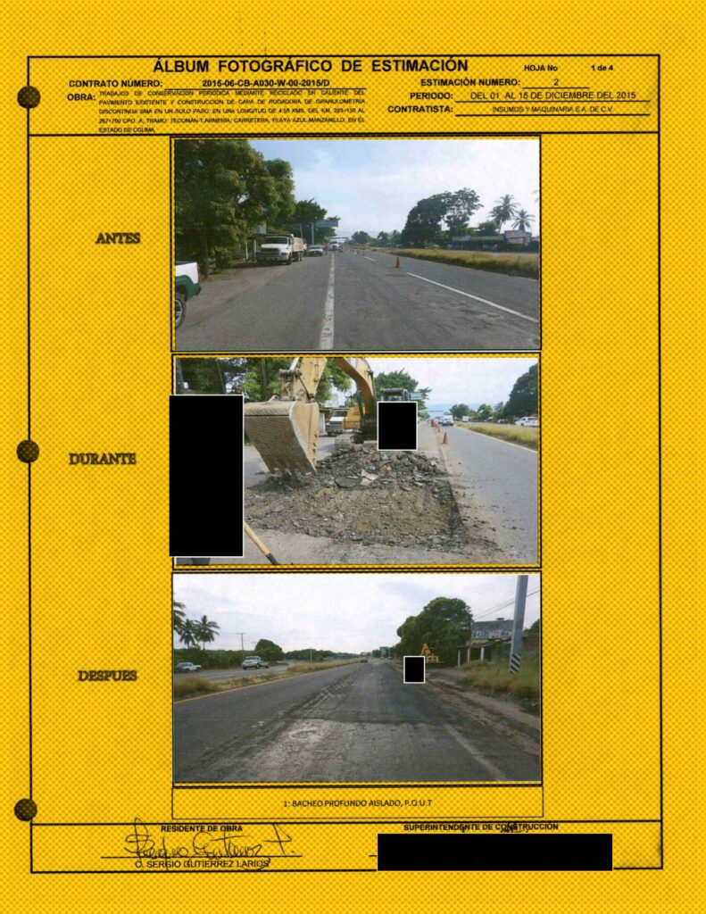 En los casos donde las dependencias cuentan con testigos de que las EFOS realizaron las obras, estos suelen ser pruebas documentales. Por lo general se tratan de actas de entrega-recepción y, en menor medida, de bitácoras con fotos. Imágenes: SICT, respuesta de Transparencia