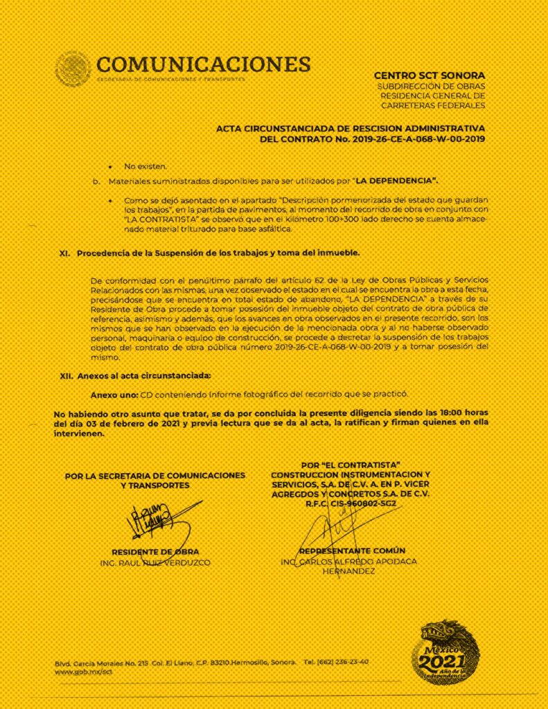 Tras comprobar el abandono de la obra, finalmente la dependencia rescindió el contrato. Imagen: SICT, respuesta de Transparencia
