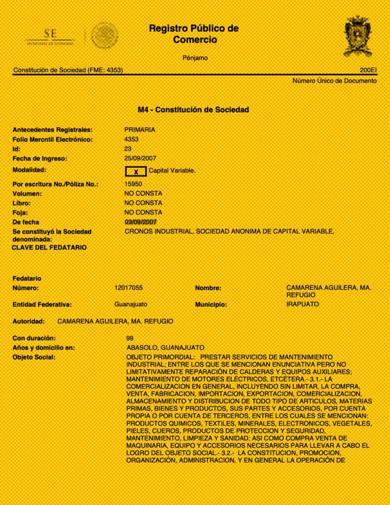 No pasó ni medio año entre la constitución de la empresa Cronos Industrial y su primer contrato público que recibió, además, por adjudicación directa. Imagen: Registro Público de Comercio