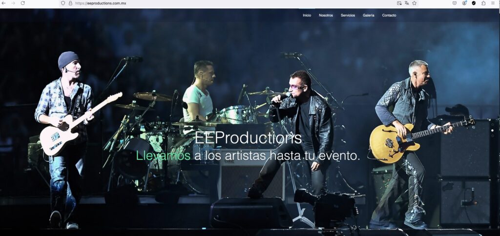 E&E Productions fue incluida en el listado de EFOS definitivas del SAT, para el que había trabajado años anteriores. Como la firma ya no puede facturar, actualmente su socio principal realiza las mismas actividades que hacía con la compañía y sigue obteniendo contratos públicos. Incluso su página web sigue activa. Imágenes: captura de pantalla de sitio web