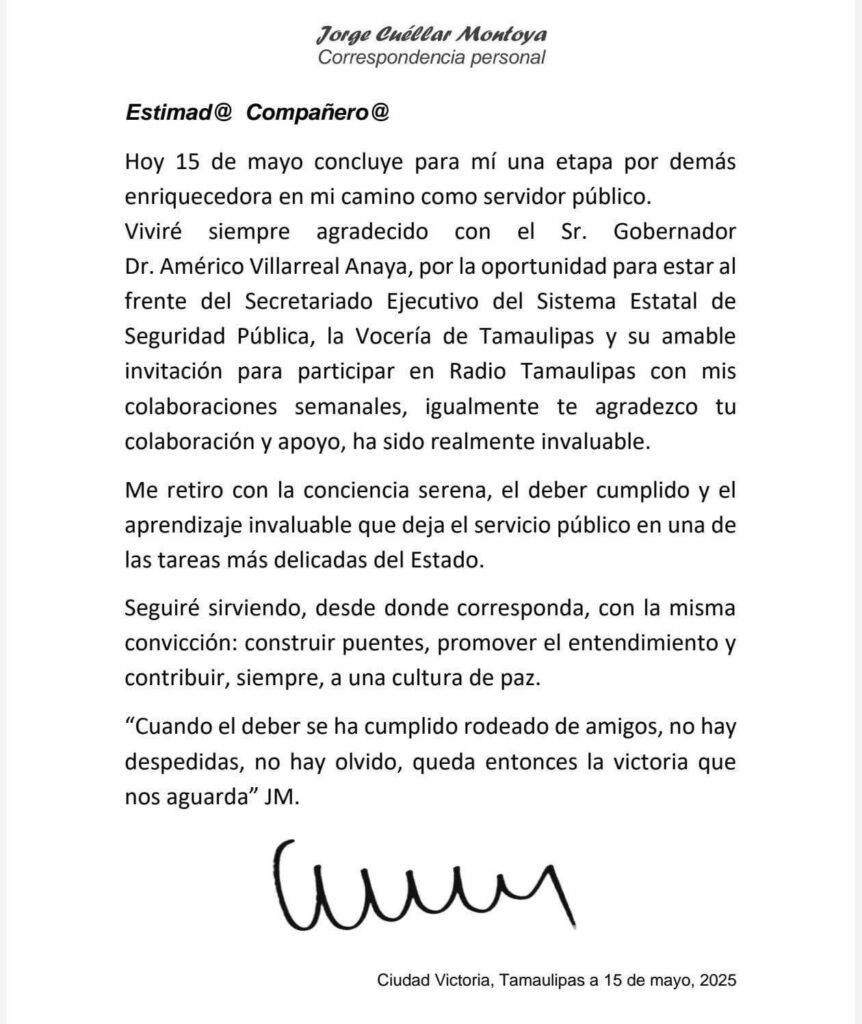 Carta de Jorge Cuéllar Montoya