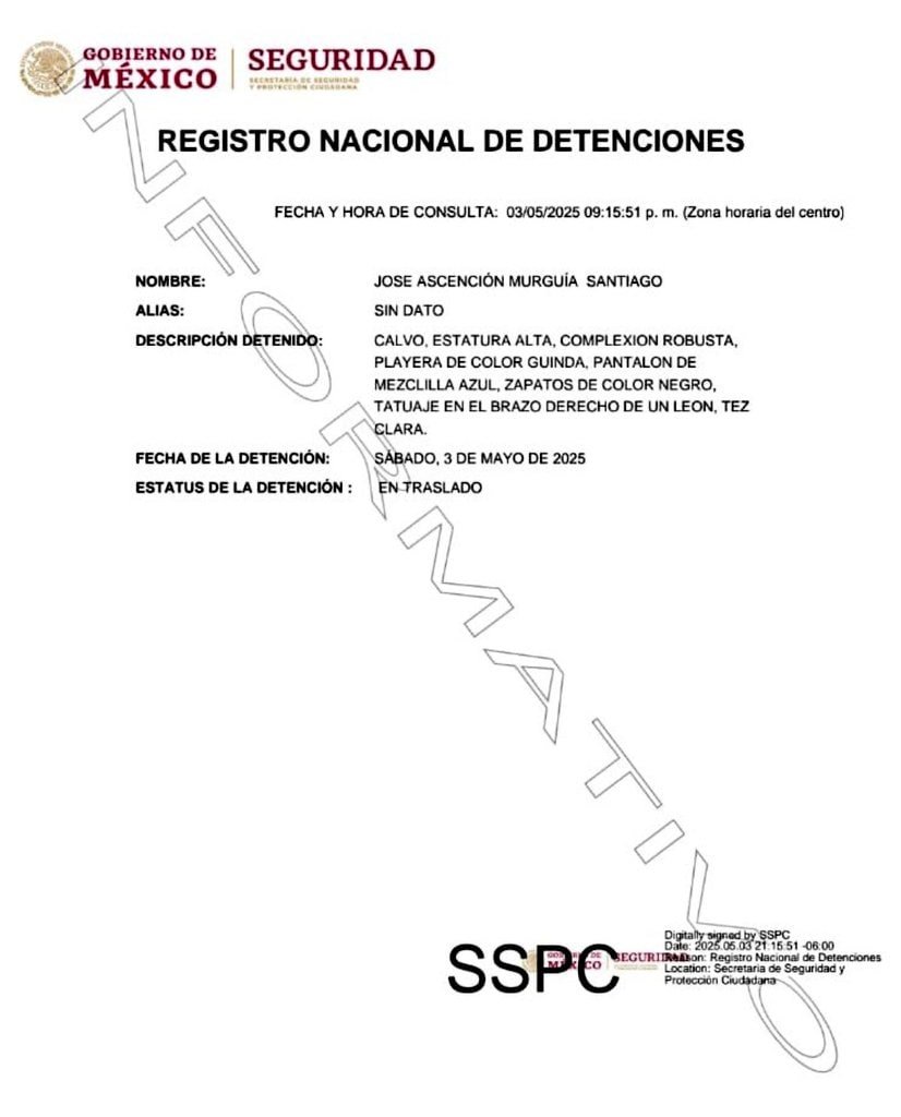 Ficha de detención del alcalde de Teuchitlán
