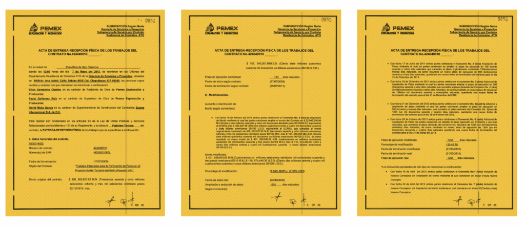 Los registros documentales donde Pemex asentó la realización de los trabajos y la entrega de los pozos muestran cómo el tiempo de ejecución de las obras casi se duplicó. Imágenes: Pemex, respuesta de Transparencia