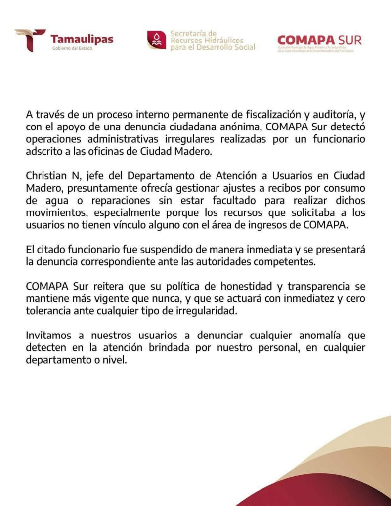 Comunicado de Comapa Sur