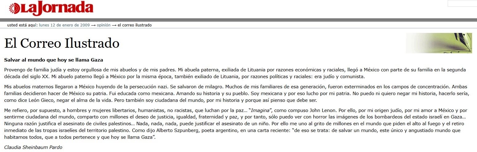 Carta de Sheinbaum sobre Palestina e Israel en 2009 | Fuente: La Jornada