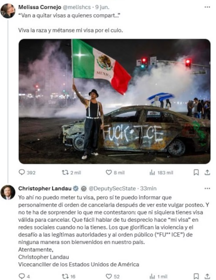 Publicación de Melisa Cornejo en X, con respuesta de Christopher Landau