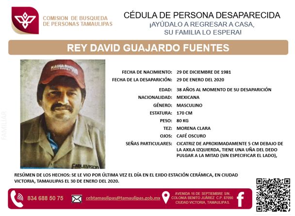 Ficha de búsqueda de Rey David Guajardo Fuentes. Foto de Comisión Estatal de Búsqueda
