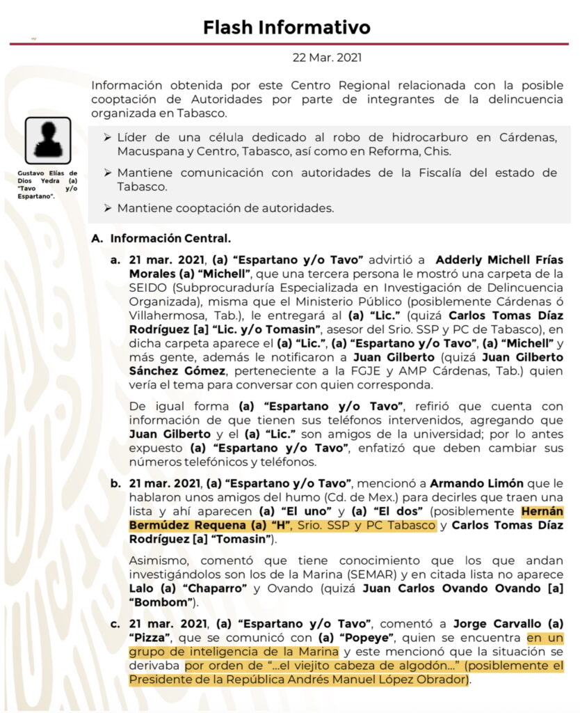 Uno de los documentos filtrados por el colectivo Guacamaya, fechado en marzo de 2021, expone la existencia de una investigación sobre Hernán Bermúdez, que habría sido ordenada por AMLO.Imagen: Informe de Sedena, Guacamaya Leaks