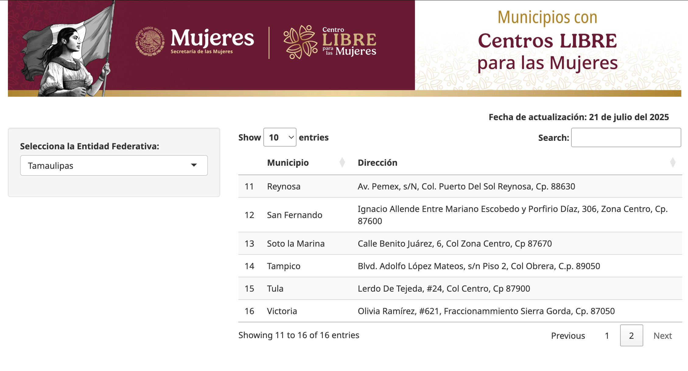 CENTROS LIBRES TAMAULIPAS. INFORMACIÓN: TEJEDORAS DE LA PATRIA