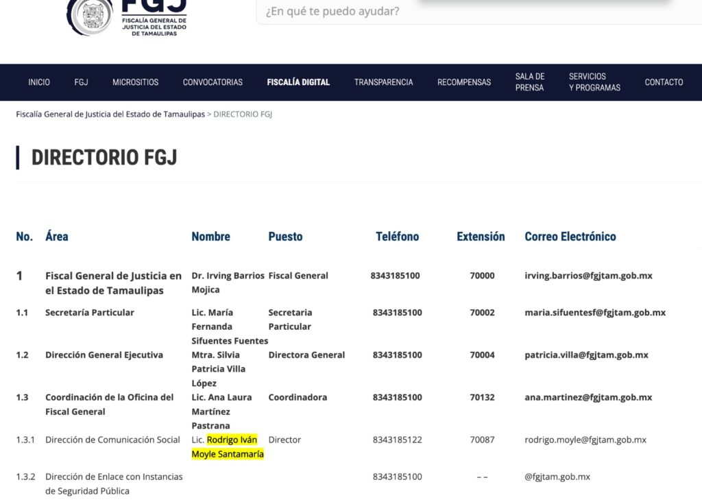 Directorio de la Fiscalía General de Justicia de Tamaulipas. Foto tomada de web